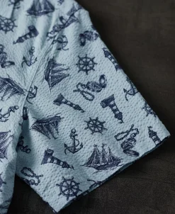 New Nautical Printed Seersucker Short Sleeve Camp Shirt - Light Blue Short Sleeve Shirts | Shirts
