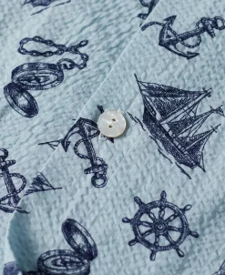 New Nautical Printed Seersucker Short Sleeve Camp Shirt - Light Blue Short Sleeve Shirts | Shirts