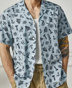 New Nautical Printed Seersucker Short Sleeve Camp Shirt - Light Blue Short Sleeve Shirts | Shirts