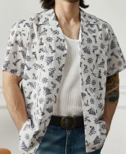 Discount Nautical Printed Seersucker Short Sleeve Camp Shirt - White Short Sleeve Shirts | Shirts