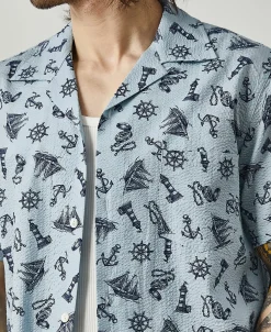 New Nautical Printed Seersucker Short Sleeve Camp Shirt - Light Blue Short Sleeve Shirts | Shirts