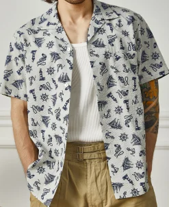 Best Nautical Printed Seersucker Short Sleeve Camp Shirt - Light Gray Short Sleeve Shirts | Shirts