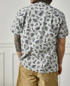 Best Nautical Printed Seersucker Short Sleeve Camp Shirt - Light Gray Short Sleeve Shirts | Shirts