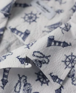 Discount Nautical Printed Seersucker Short Sleeve Camp Shirt - White Short Sleeve Shirts | Shirts