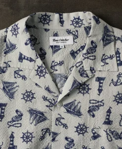 Best Nautical Printed Seersucker Short Sleeve Camp Shirt - Light Gray Short Sleeve Shirts | Shirts