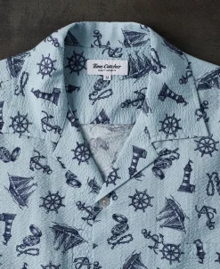 New Nautical Printed Seersucker Short Sleeve Camp Shirt - Light Blue Short Sleeve Shirts | Shirts