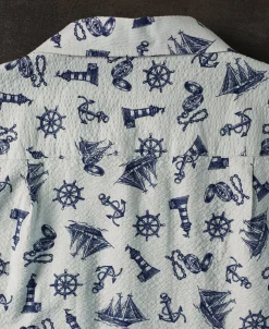 Best Nautical Printed Seersucker Short Sleeve Camp Shirt - Light Gray Short Sleeve Shirts | Shirts