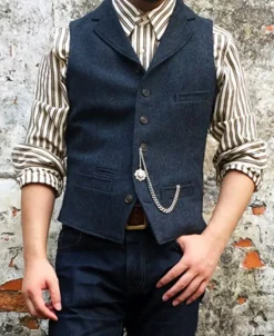Fashion Navy Herringbone Tweed Lapel Vest Waistcoats