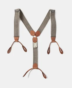 Online Old-Time Y-Back Leather Button Suspender - Blue/Yellow Stripe Suspenders