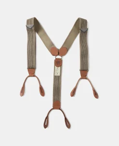 Online Old-Time Y-Back Leather Button Suspender - Khaki Stripe Suspenders