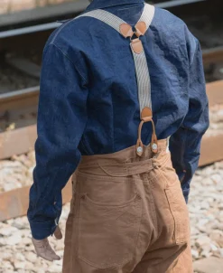 Online Old-Time Y-Back Leather Button Suspender - Khaki Stripe Suspenders