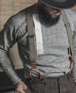 Online Old-Time Y-Back Leather Button Suspender - Blue/Yellow Stripe Suspenders