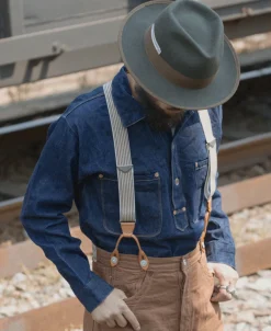 Online Old-Time Y-Back Leather Button Suspender - Khaki Stripe Suspenders