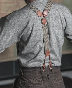 Online Old-Time Y-Back Leather Button Suspender - Blue/Yellow Stripe Suspenders