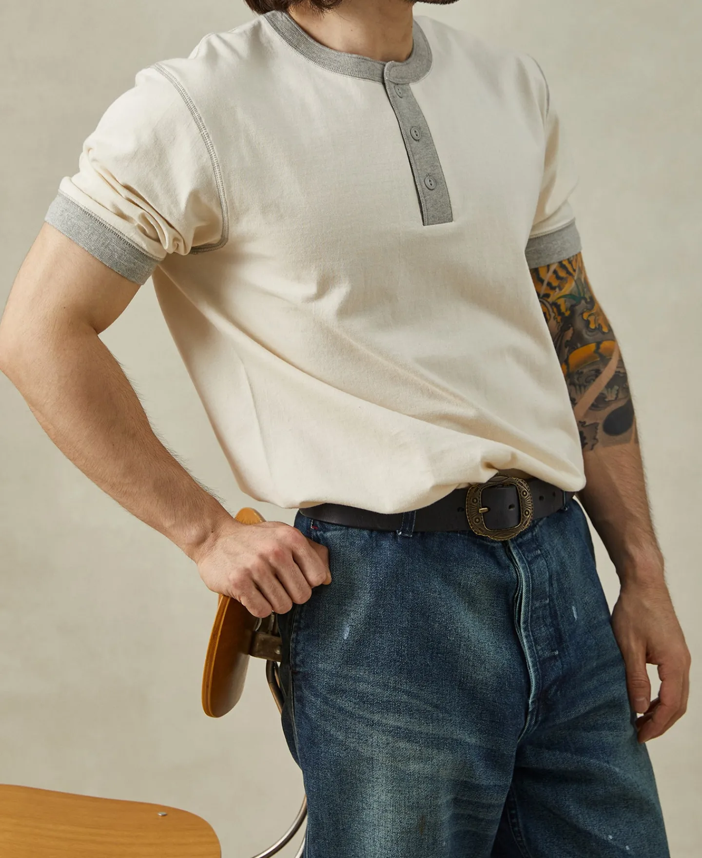 Outlet 9.3 oz Cotton Tubular Henley T-Shirt - Gray/Apricot Henleys | Short Sleeve T-Shirts