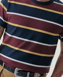 Discount 9.8 oz IVY Style Striped T-Shirt - Burgundy Red/Navy Short Sleeve T-Shirts | T-shirts
