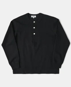 New 1930s 10.5 oz Cotton Loopwheel Tubular Henley Shirt - Black Henleys | Long Sleeve T-Shirts