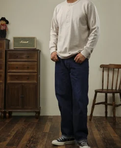 Online 1930s 10.5 oz Cotton Loopwheel Tubular Henley Shirt - Oatmeal Henleys | Long Sleeve T-Shirts