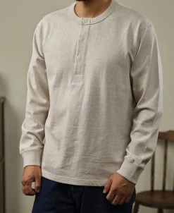 Online 1930s 10.5 oz Cotton Loopwheel Tubular Henley Shirt - Oatmeal Henleys | Long Sleeve T-Shirts