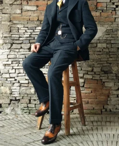 Hot 1930s American Style Herringbone Navy Tweed Trousers Pants&trousers