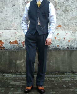 Hot 1930s American Style Herringbone Navy Tweed Trousers Pants&trousers