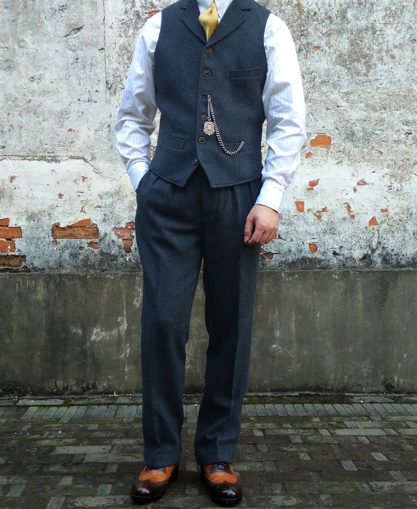 Hot 1930s American Style Herringbone Navy Tweed Trousers Pants&trousers