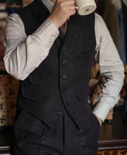 Discount 1930s Charcoal Gray Tweed Lapel Vest Waistcoats