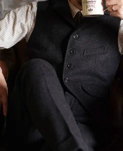 Discount 1930s Charcoal Gray Tweed Lapel Vest Waistcoats
