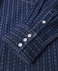 Fashion 1950s Indigo Discharge-printed Wabash Stripe Western Shirt Long Sleeve Shirts | Shirts