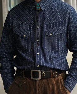 Fashion 1950s Indigo Discharge-printed Wabash Stripe Western Shirt Long Sleeve Shirts | Shirts