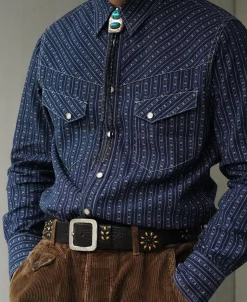 Fashion 1950s Indigo Discharge-printed Wabash Stripe Western Shirt Long Sleeve Shirts | Shirts