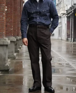 Fashion 1950s Indigo Discharge-printed Wabash Stripe Western Shirt Long Sleeve Shirts | Shirts