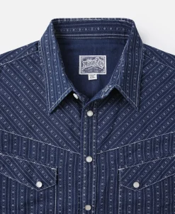 Fashion 1950s Indigo Discharge-printed Wabash Stripe Western Shirt Long Sleeve Shirts | Shirts