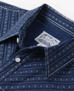 Fashion 1950s Indigo Discharge-printed Wabash Stripe Western Shirt Long Sleeve Shirts | Shirts