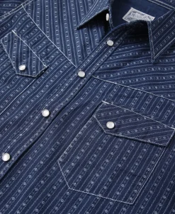 Fashion 1950s Indigo Discharge-printed Wabash Stripe Western Shirt Long Sleeve Shirts | Shirts