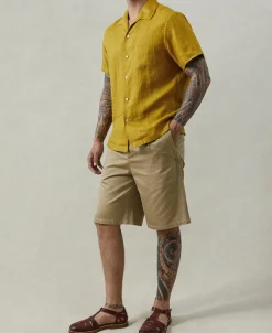 Best 1950s Italian Collar Linen Shirt - Mustard Short Sleeve Shirts | Shirts