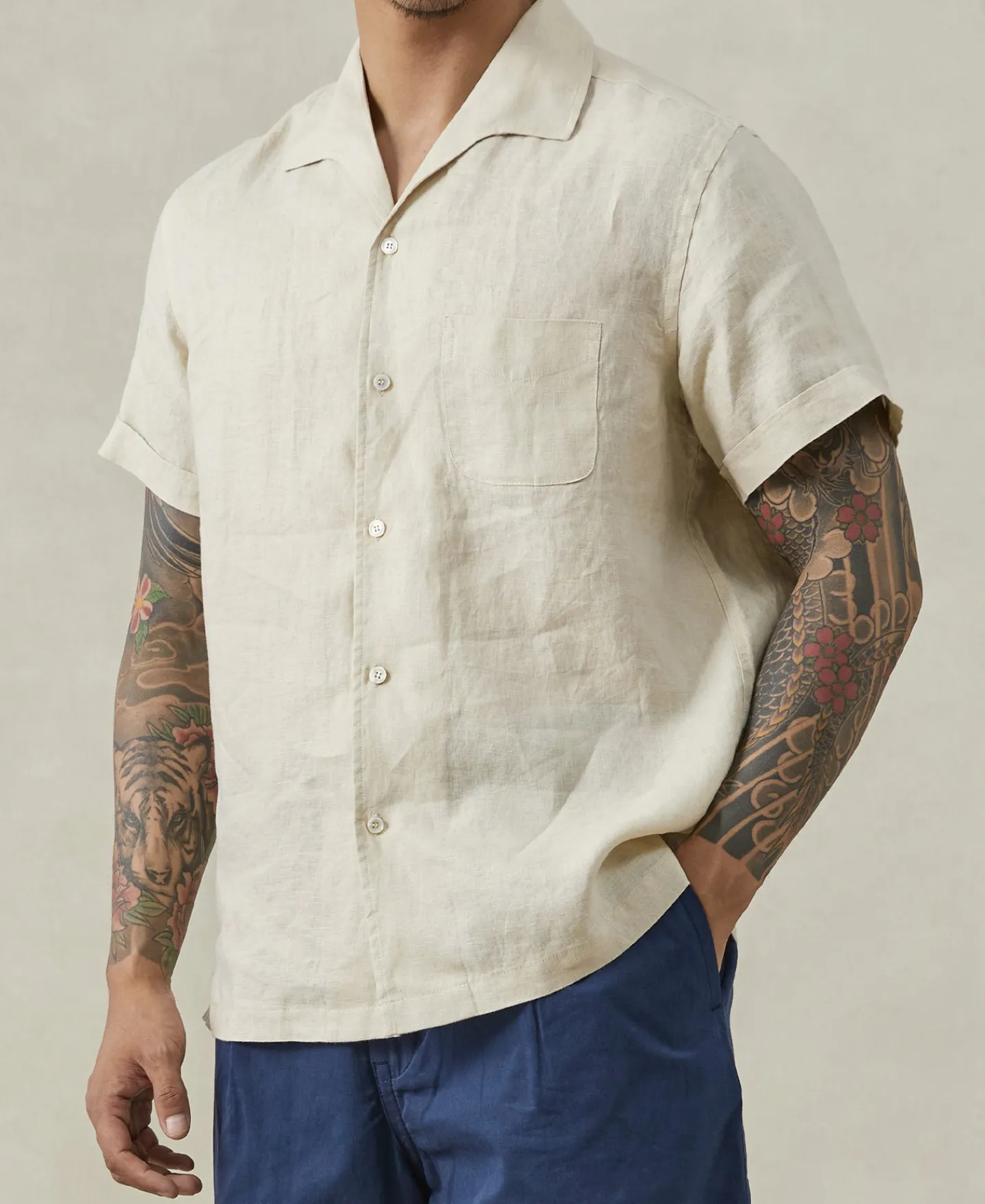 Best 1950s Italian Collar Linen Shirt - Apricot Short Sleeve Shirts | Shirts