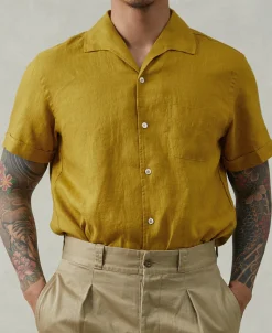 Best 1950s Italian Collar Linen Shirt - Mustard Short Sleeve Shirts | Shirts