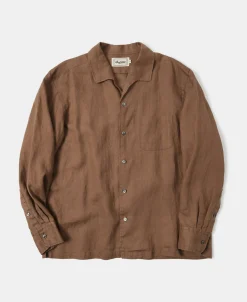Clearance 1950s Italian Collar Long-Sleeve Linen Shirt - Brown Long Sleeve Shirts | Shirts