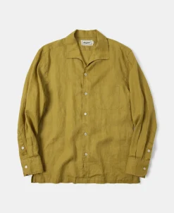 Clearance 1950s Italian Collar Long-Sleeve Linen Shirt - Mustard Long Sleeve Shirts | Shirts