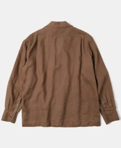 Clearance 1950s Italian Collar Long-Sleeve Linen Shirt - Brown Long Sleeve Shirts | Shirts