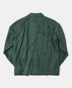 New 1950s Italian Collar Long-Sleeve Linen Shirt - Dark Green Long Sleeve Shirts | Shirts