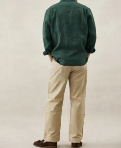 New 1950s Italian Collar Long-Sleeve Linen Shirt - Dark Green Long Sleeve Shirts | Shirts