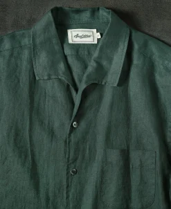 New 1950s Italian Collar Long-Sleeve Linen Shirt - Dark Green Long Sleeve Shirts | Shirts
