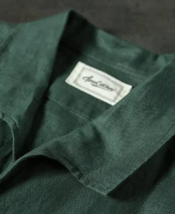 New 1950s Italian Collar Long-Sleeve Linen Shirt - Dark Green Long Sleeve Shirts | Shirts