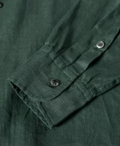 New 1950s Italian Collar Long-Sleeve Linen Shirt - Dark Green Long Sleeve Shirts | Shirts