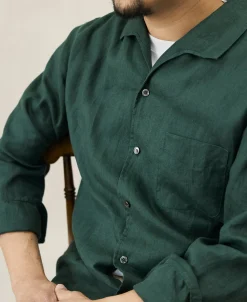 New 1950s Italian Collar Long-Sleeve Linen Shirt - Dark Green Long Sleeve Shirts | Shirts