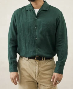 New 1950s Italian Collar Long-Sleeve Linen Shirt - Dark Green Long Sleeve Shirts | Shirts