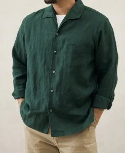 New 1950s Italian Collar Long-Sleeve Linen Shirt - Dark Green Long Sleeve Shirts | Shirts