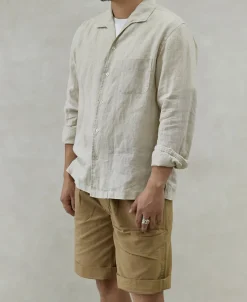 Sale 1950s Italian Collar Long-Sleeve Linen Shirt - Apricot Long Sleeve Shirts | Shirts